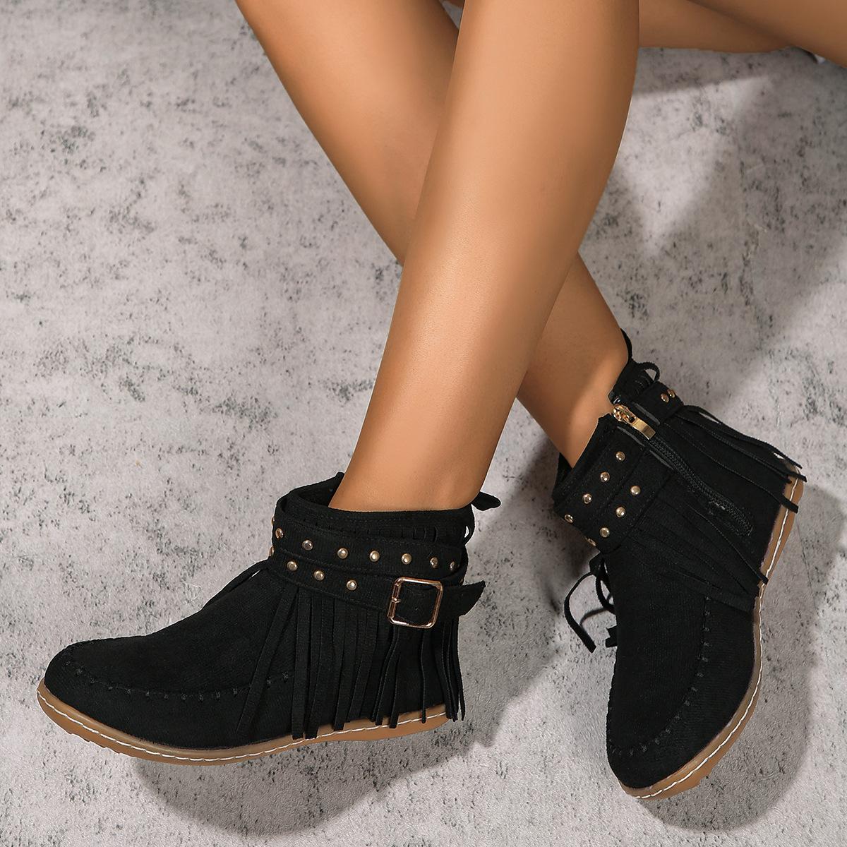 

Модные осенние ботильоны на плоском каблуке, ретро замшевые с кисточками, женские ботинки, модные с круглым носком, на мягкой подошве, короткие ботинки, повседневная женская обувь 43 чёрный