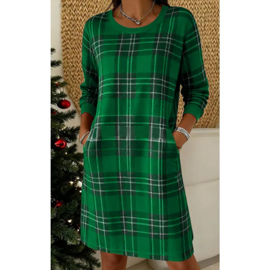 Christmas Plaid Round Neck Long Sleeve Dress, Elegant Vintage Style, Hot Selling European & American Fashion Dress