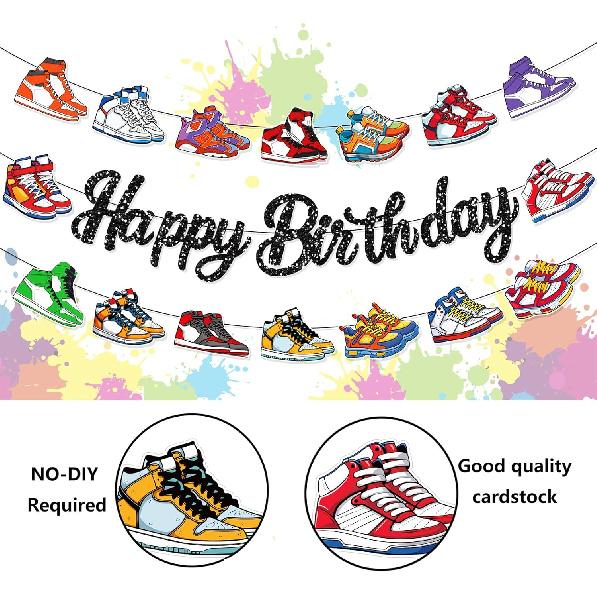 3Pcs Sneaker Decorations, Happy Birthday Banner, Sneaker Party Decorations,Sports Theme Backdrop for Sneakerhead Events