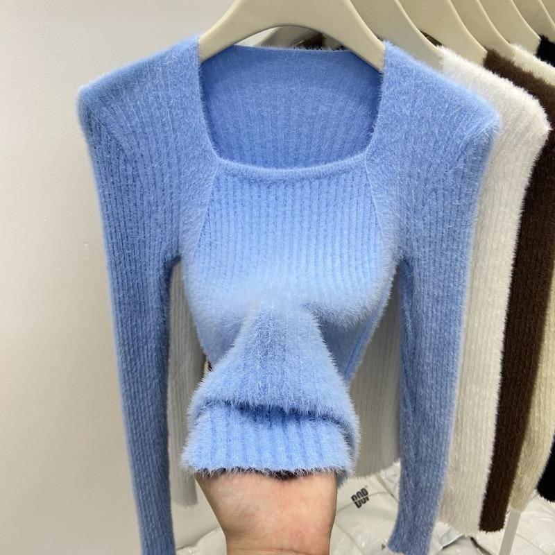 Autumn and Winter Inner Bottoming Shirt Slim Top Solid Color Irregular Square Neck Mink Fleece Sweater Knitted Sweater