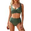 Women's High Waisted Bikini Set Twist Front Wide Strap Tummy Control Ruched Solid Color Two Piece Beach Bathing Suit