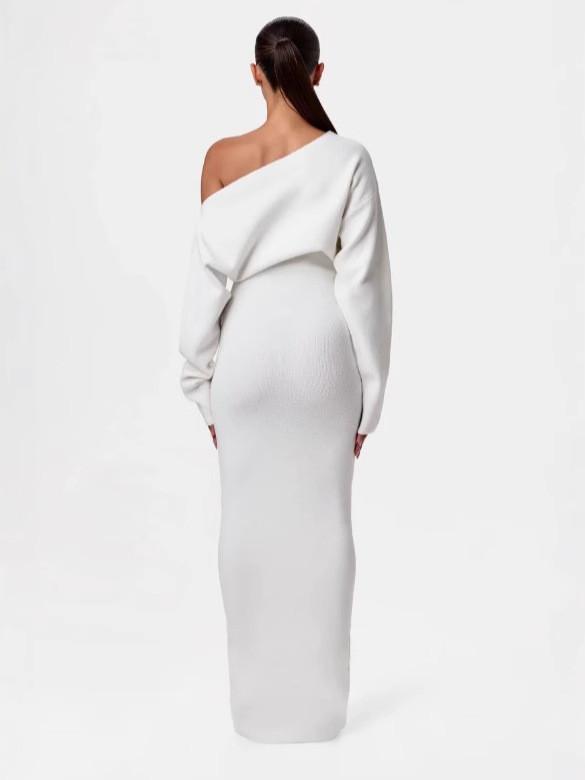 Elegant Off Shoulder Long Sleeve Bodycon Dress With Stretch Polyester For Office Wear