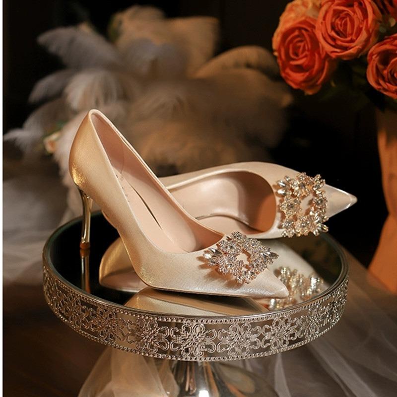 High Heels Women's White Wedding Dress Show Clothes Wedding Shoes Women's Spring New Thin Heels Pointed Temperament Single Shoes