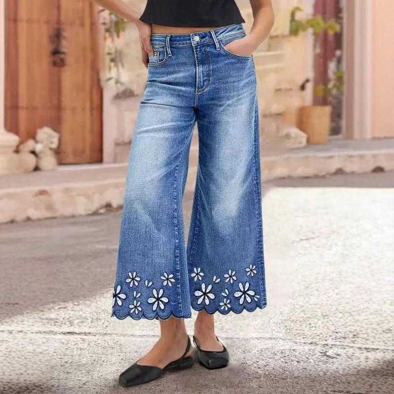Women s Jeans Fashionable Embroidery Craftsmanship Loose All-matching Casual Stretch Nine-quarter 2XL синий