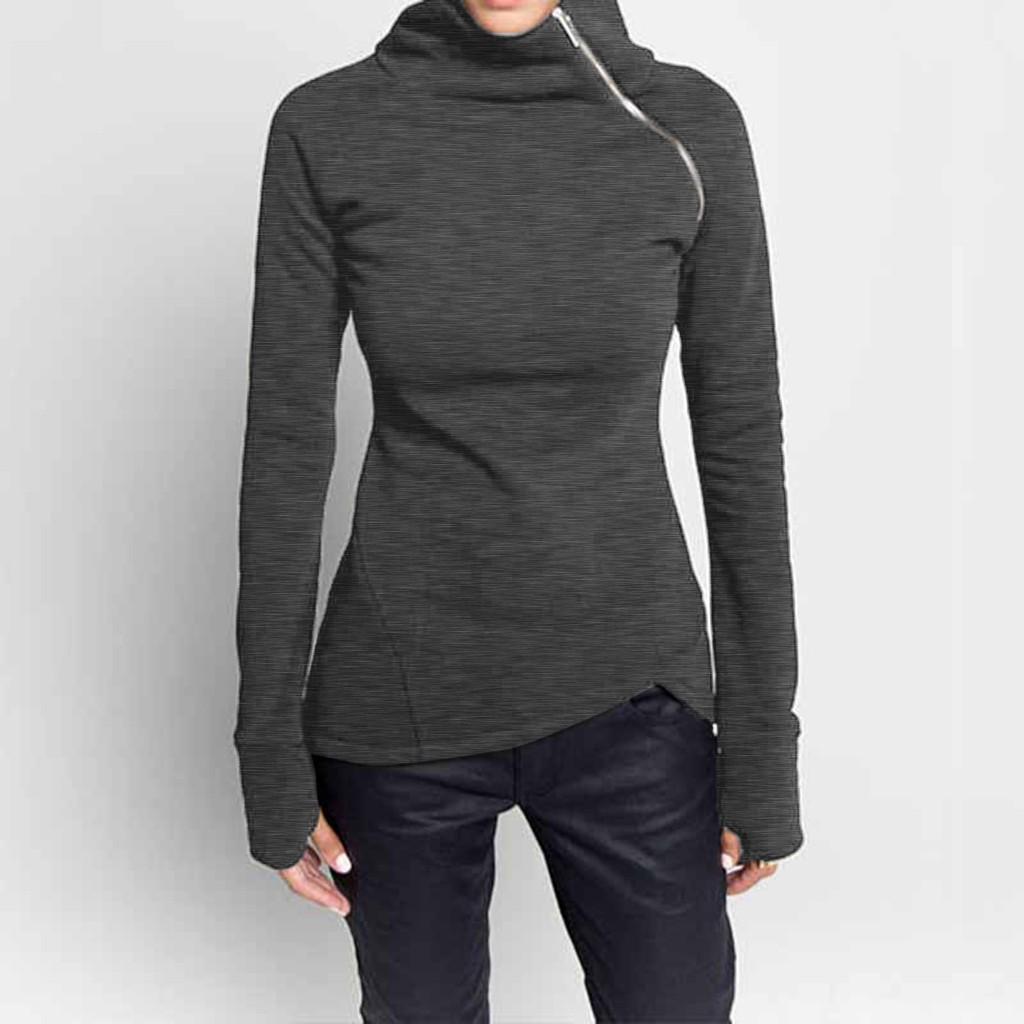 Women Casual Blouse Long Sleeve Pullover Turtleneck Zipper Sweatshirt Tops