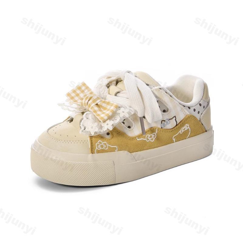 Fashion Cute Bow Knot Board Shoes Women 2025 Spring Autumn New Platform Student Casual Shoes Comfortable Height Increase Lace Up Flats