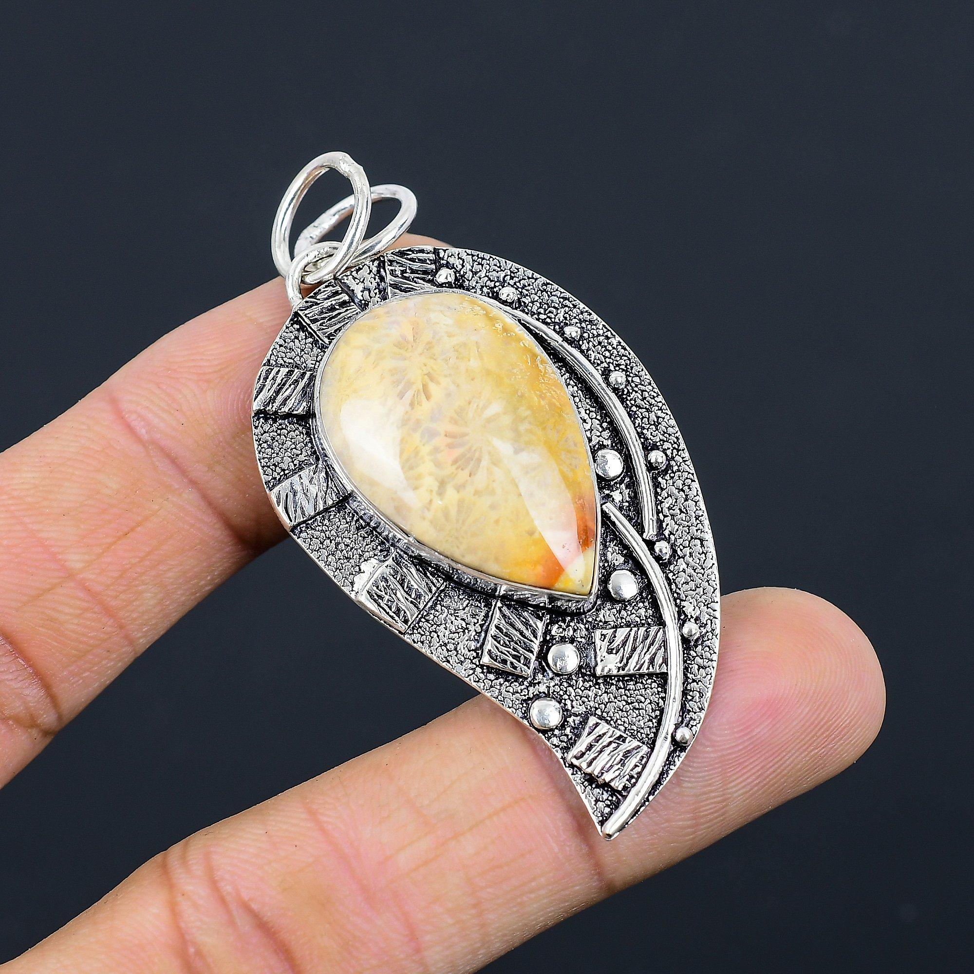 

Sisters Day Sale Pear Root Chakra Natural Fossil Coral Wife Pendant 925 Silver