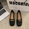 Leather Shallow Mouth Square Head Single Shoes Women's Low Heel Square Heel Small Leather Shoes Spring and Autumn Soft Sole Bow Mary Jane Shoes
