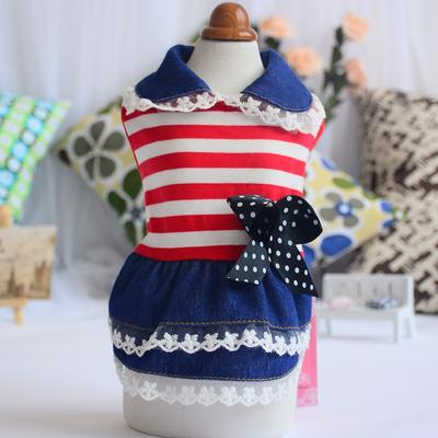 Puppy Dog Pet Stripe Costume Princess Dress Lace Pleated Lapel Stripe Bownot Princess Dress Denim Skirt XS-L Pet Supplies