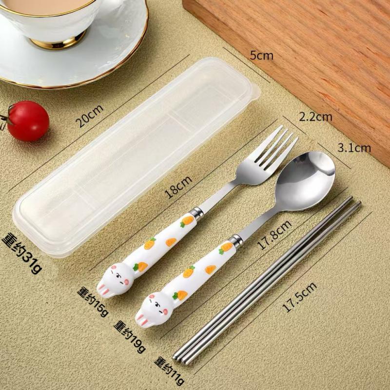 3Pcs Cute Cutlery Set Cartoon Bunny Stainless Steel Mirror Polished Flatware Set Spoon And Fork Chopsticks Set Outdoor Tableware