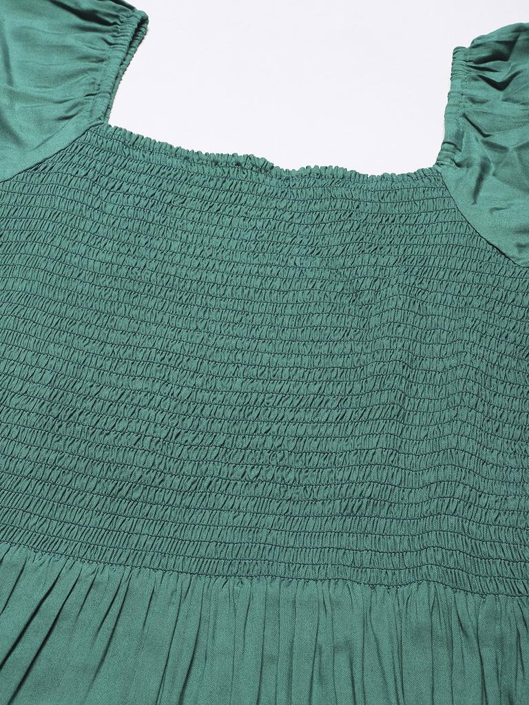 Moomaya Square Neck Tiered Dress, Knee Length Flared Smocked Summer Dress