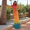 Women's Mock Neck Long Sleeve Bodycon Maxi Dress Elastic Waist Cutout Printed Mesh Mermaid Sexy Dress
