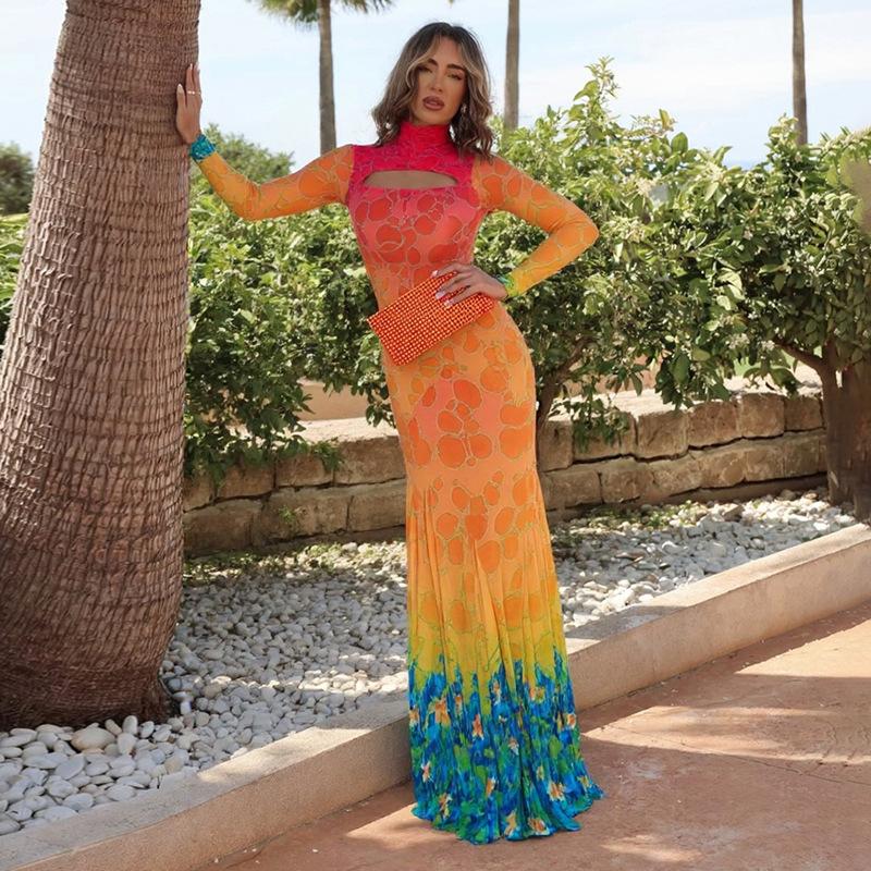 Women's Mock Neck Long Sleeve Bodycon Maxi Dress Elastic Waist Cutout Printed Mesh Mermaid Sexy Dress
