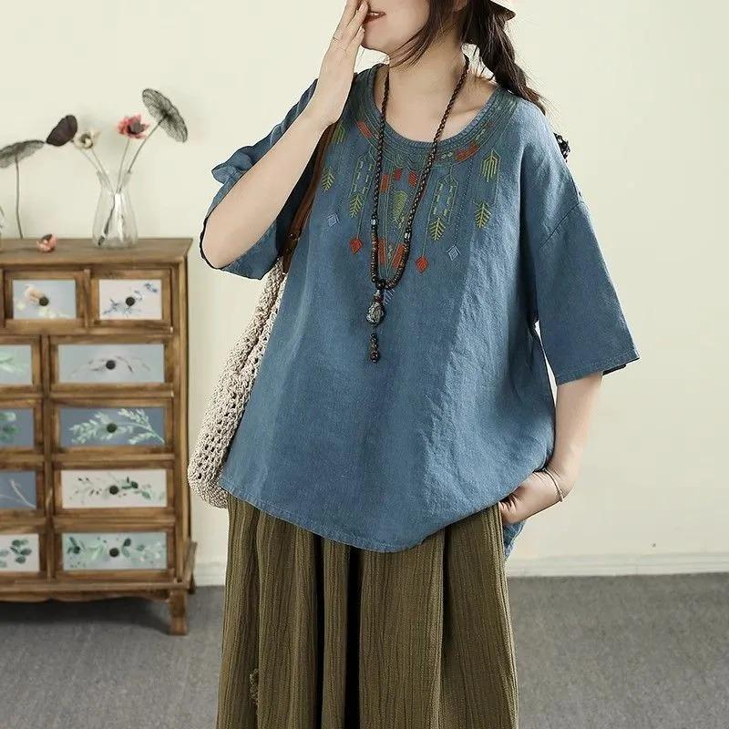 Literary Retro Embroidered Cotton and Linen Summer New Loose Round Neck Casual Half-sleeved Top