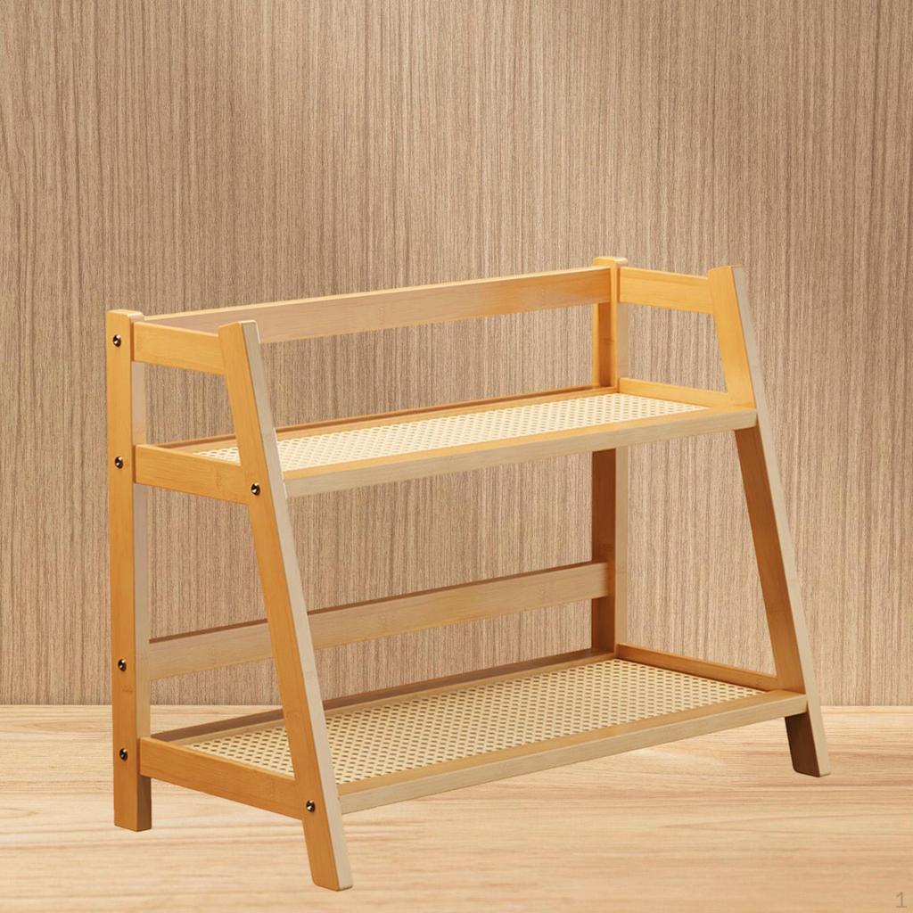 Bamboo Double Layer Rack 2 Tier Coffee Mug Display Stand Desk Storage Organizer for Living Room