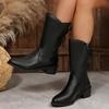 Fashion Sexy Solid Black Pu Mid Calf Riding Boots Women 2025 Winter Medium Heel Side Zip Western Booties Lace Bowknot Decoration Boots
