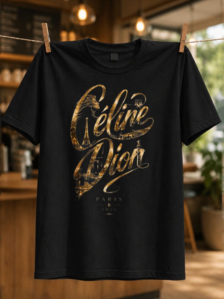 Celine Dion Paris 2026 Goldene Schriftzüge Mit Eleganter Porträtgestaltung Und Klassischem Diva-Tribut Unisex Alle T-Shirts
