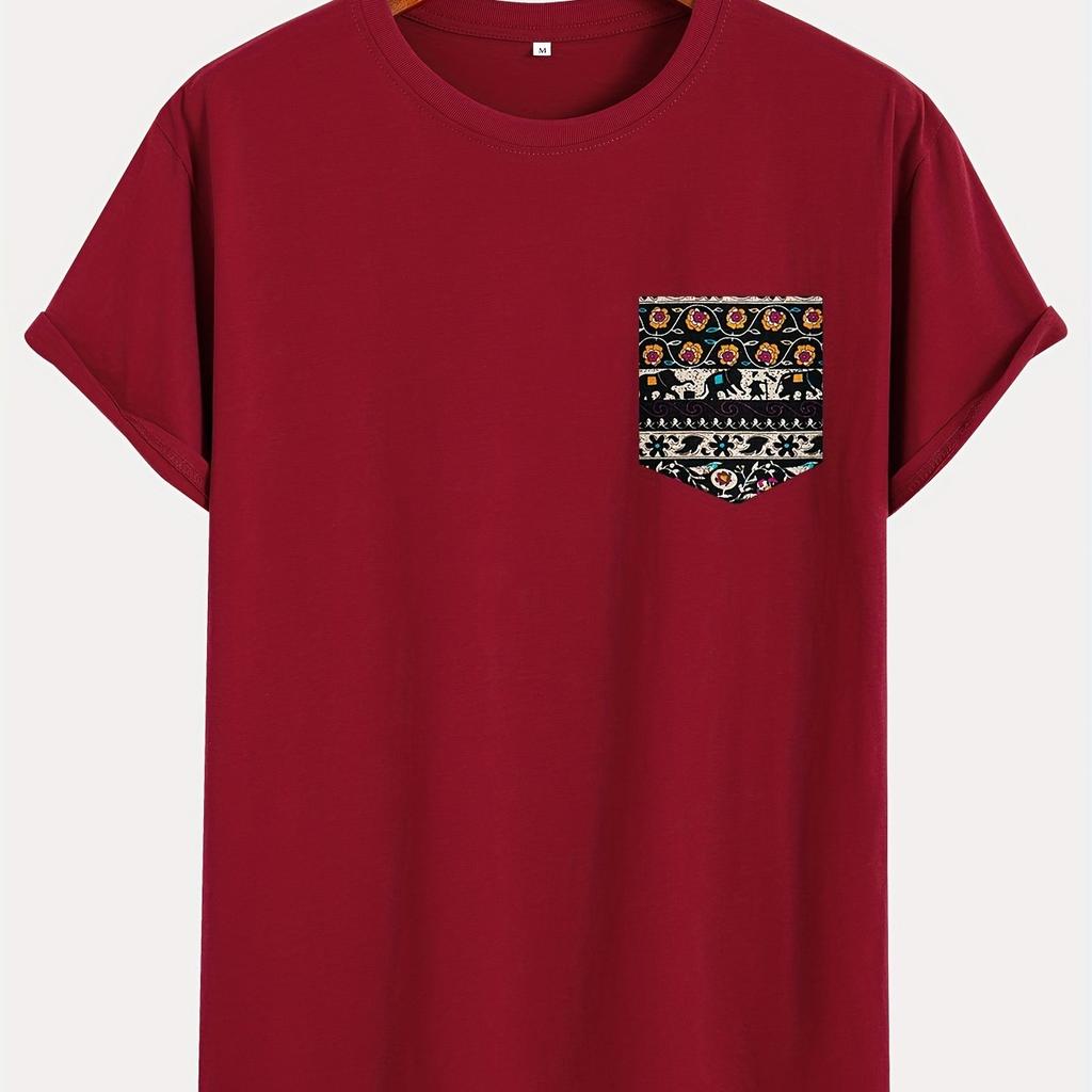 Unisexs pure cotton fashionable casual loose ethnic style pocket pattern printed round neck short sleeved Tshirt top