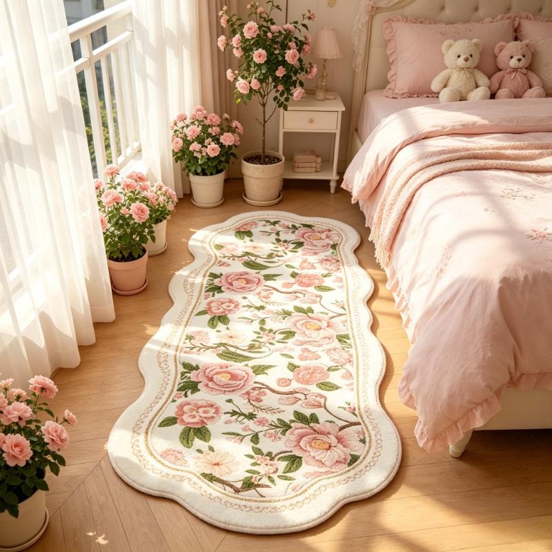 Mädchenhafter Stil Teppiche für Wohnzimmer Rosa Blumen Schlafzimmer Dekor Teppich Flauschig Weich Unregelmäßiger Nachttischteppich Zuhause Verdicken Fußmatte