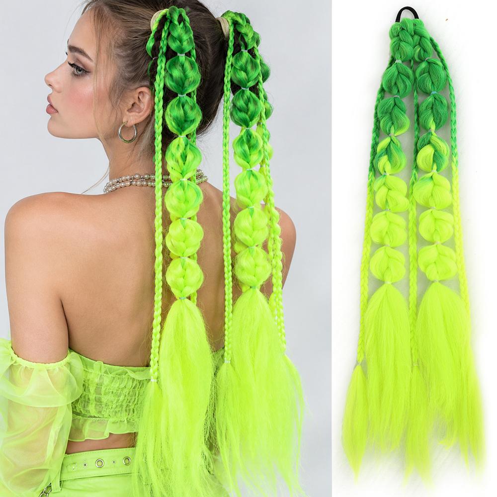 24 Inch Synthetic Gradient Corlorful Bubble Braids Ponytail Hair Extensions Rubber Band Style Hairpiece For Party Costume Halloween Wear