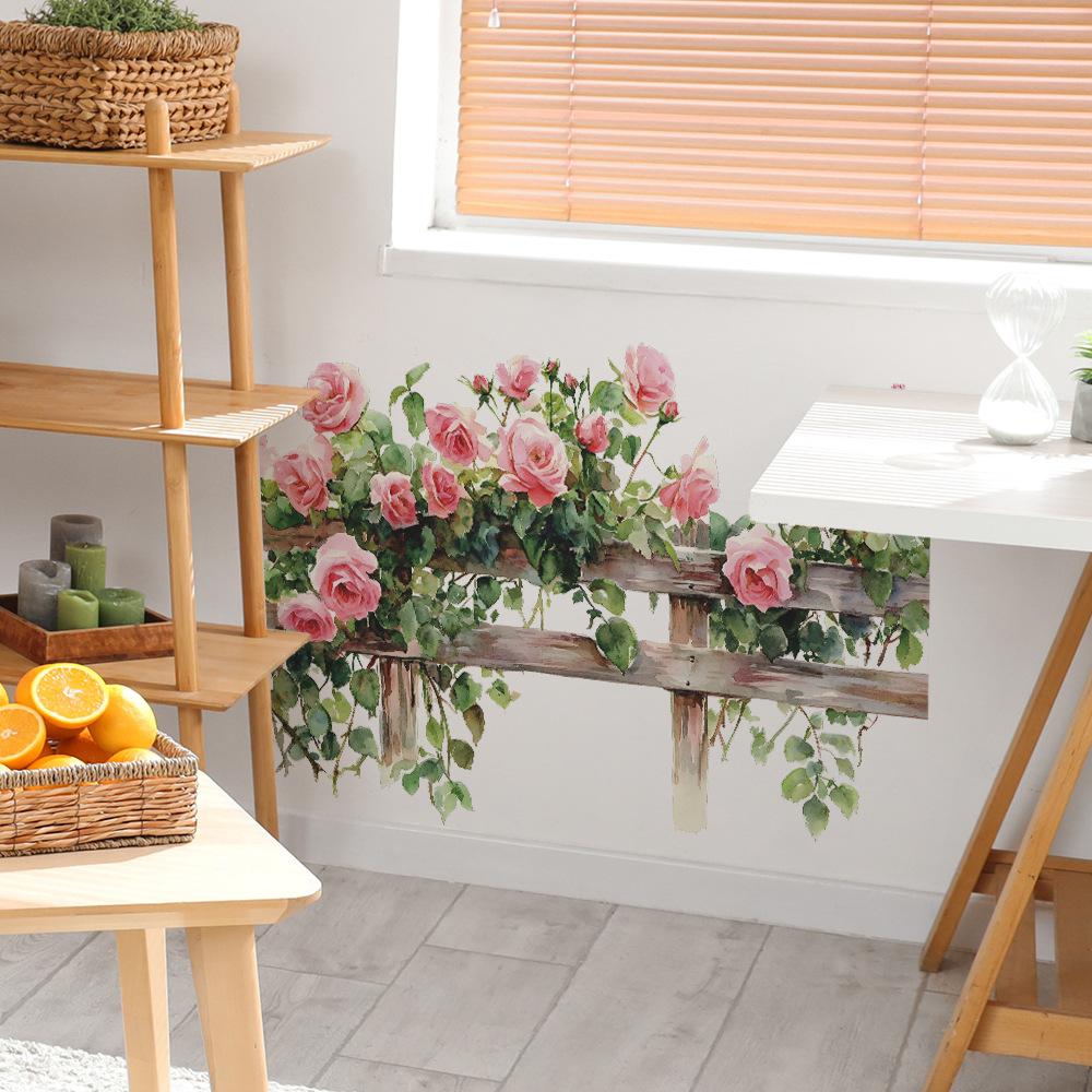 Kreative Rosenknospen Grüne Blätter Zaun Schlafzimmer Wohnzimmer Zuhause Wandhintergrund Verschönerung Dekoration Wandaufkleber