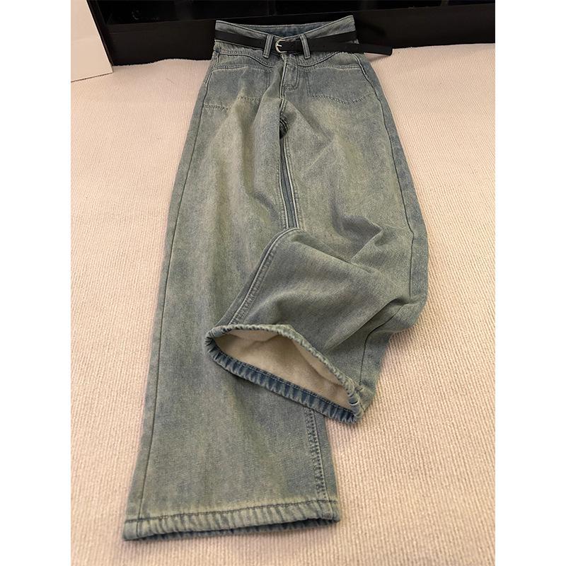 Vintage Velvet High-Waisted Jeans for Women - Winter Slimming, Plus Size, Straight Leg, Pear Shape, Loose Fit.