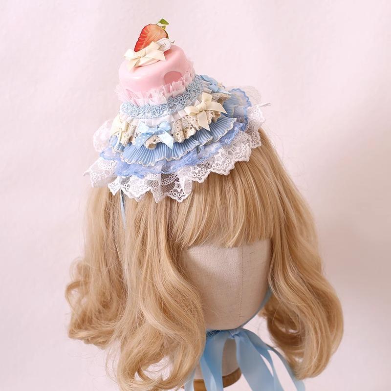 Original Lolita Handmade Pink and Blue Lace Anthony Cake Top Hat Lolita Cute Sweet Lo Mother Dress Up