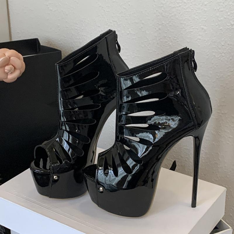 Schwarze Damen Sexy Peep Toe Party Stripper Pole Dance Schuhe Mode Reißverschluss Stiefeletten Super High Heels Plateau Stiefeletten Weiblich