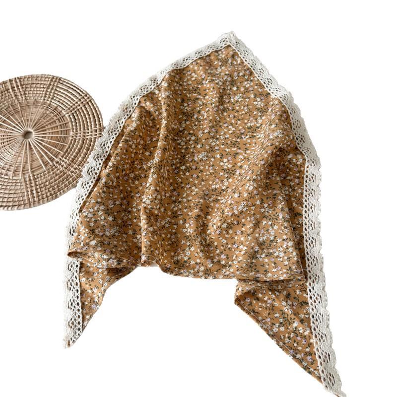Floral Fabric Lace-edged Large Triangular Headscarf, Versatile Women's Headband for Tying Up Hair or As A Head Accessory