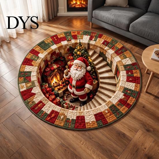 Dekorativer Weihnachtsgeschenk-Weihnachtsmann 3D Runder Teppich, Kristall-Samt-Fußmatte für Wohnzimmer Schlafzimmer Ferienhausdekoration, Rutschfest