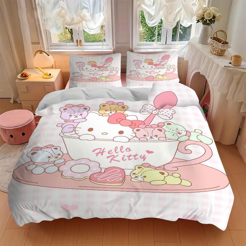 3pcs Sanrio Hello Kitty & Colorful Bear Bedding Set 1 Soft Quilt Cover + 2 Pillowcases, Machine Washable Suitable for All Seasons, Perfect Gift W096