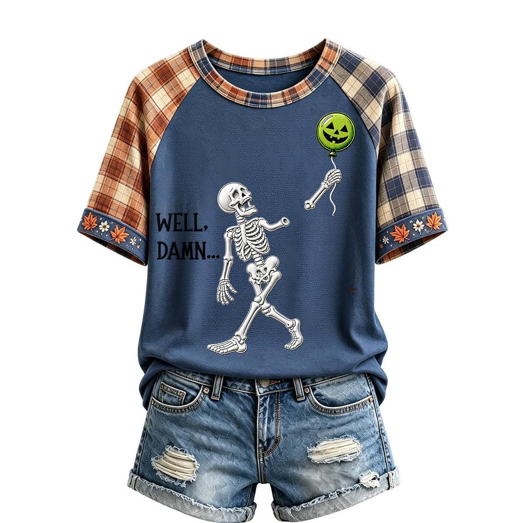 Women's Halloween Raglan Sleeve T-Shirt Neck Short Sleeve Printed Top