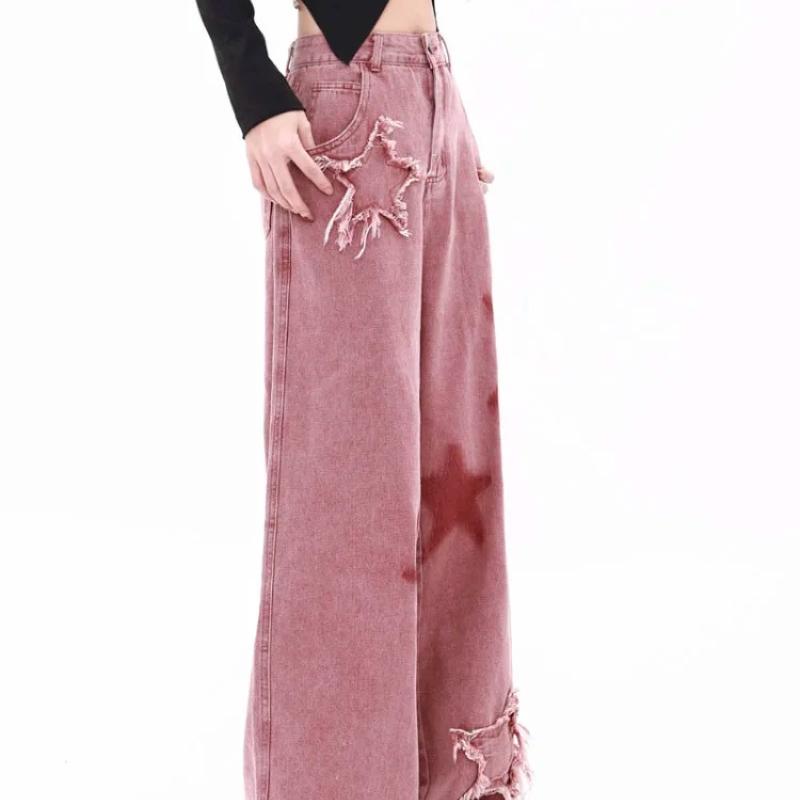Jeans Americani Retro Stella a Cinque Punte Splicing a Bordo Vivo Jeans Larghi a Gamba Larga da Donna Sembrano Magri Trendy Versatili Pantaloni da Mocio da Donna