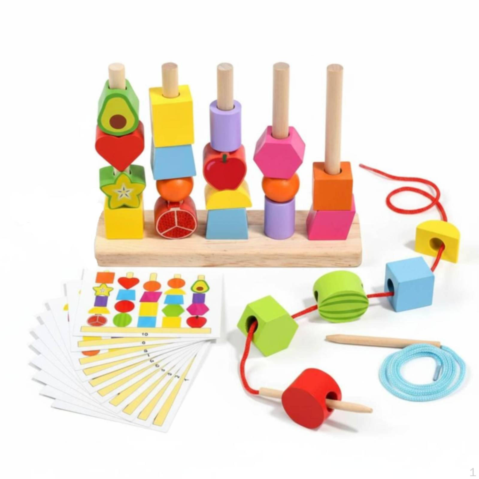 Wooden Bead Stacking Set Made of Wood Fruit and Shape Blocks HandEye Coordination