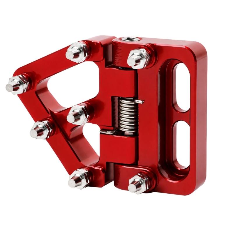 Metal-Pin Motorcycle Brake Toe Tip with Pivoting Spring Hinge, Aluminum Body, and an Elongated Slotted Attachment Section