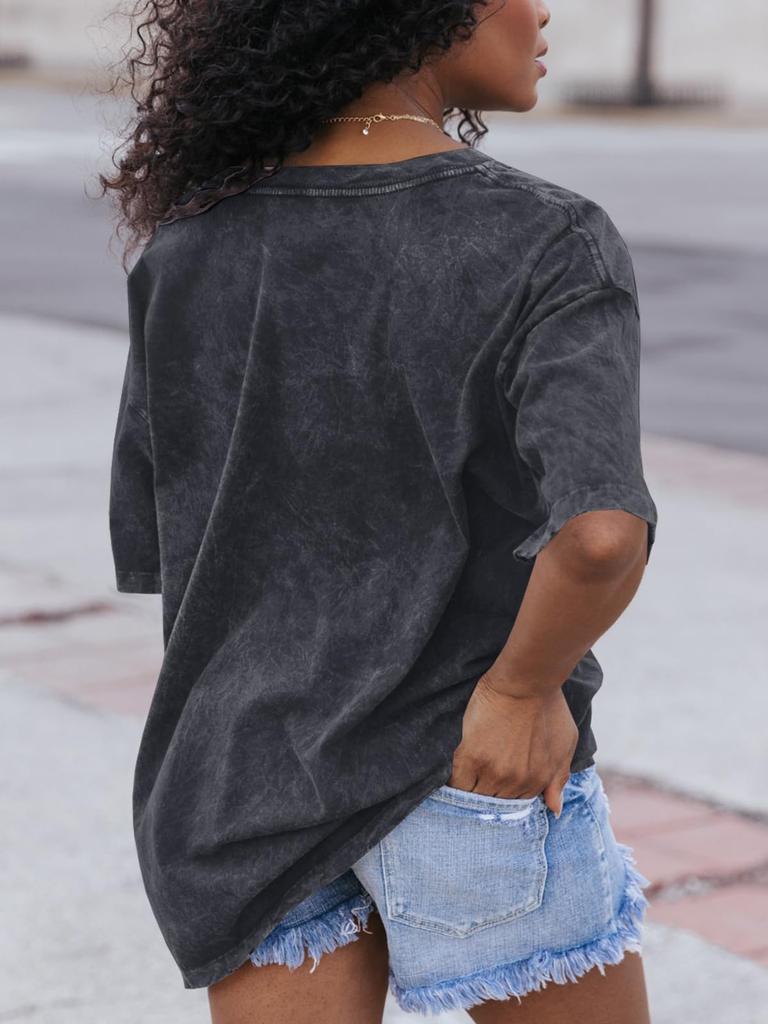 Womens Cotton V Neck T Shirt Short Sleeve Oversized Boyfriend Tunic Tee