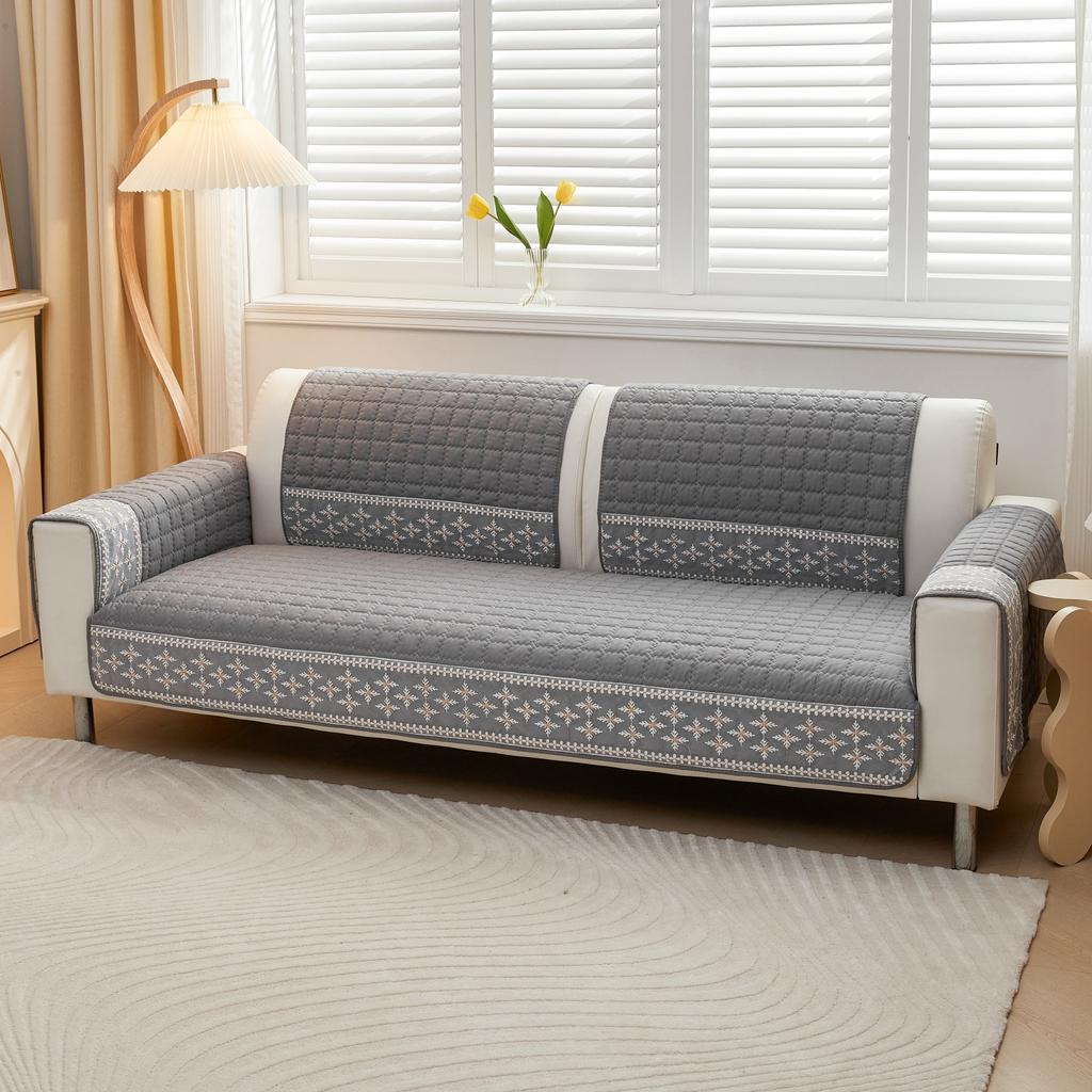1Pc Waffle Quilting Four Season Anti-Slip Sofa Cover With Snowflake Lace Decor, Couch Seat Cover Blanket Modern Living Room
