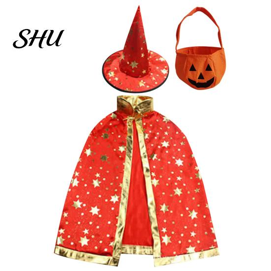 Breathable Witch Cape Adjustable Halloween Pentagram Printing with Wizard Costume Young Adults Hat Hand Bag Comfortable Kids