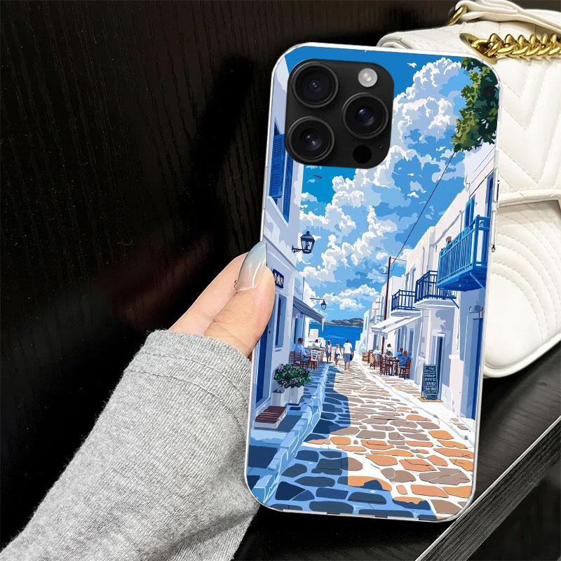 Greece In Summer Santorini Case for iPhone 13 12 Mini 11 Pro Max Soft Phone Cover X XS XR 7 SE 8 Plus 6 6S 5 5S Silicone Black C