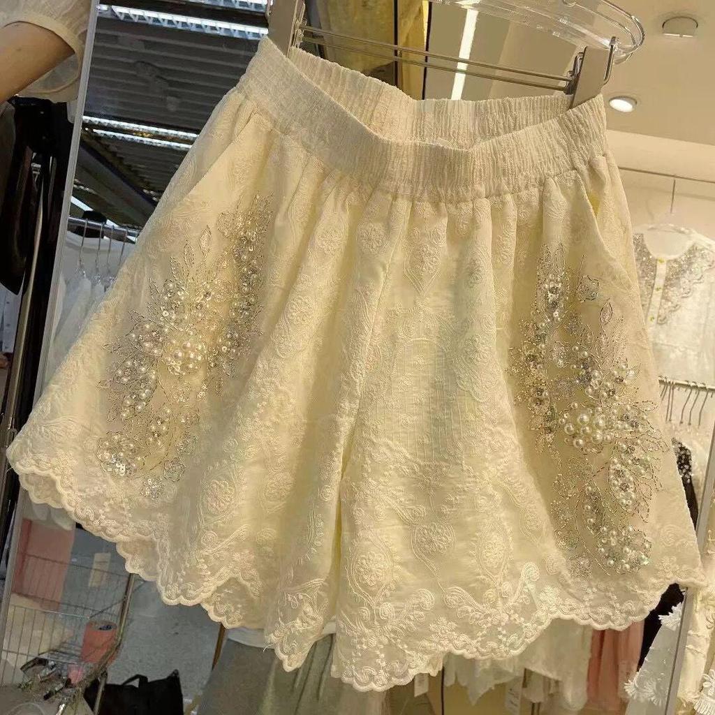 Plus Size Beaded Lace High Waist Shorts - Summer Casual, Wide Leg, Slimming, New Arrivals