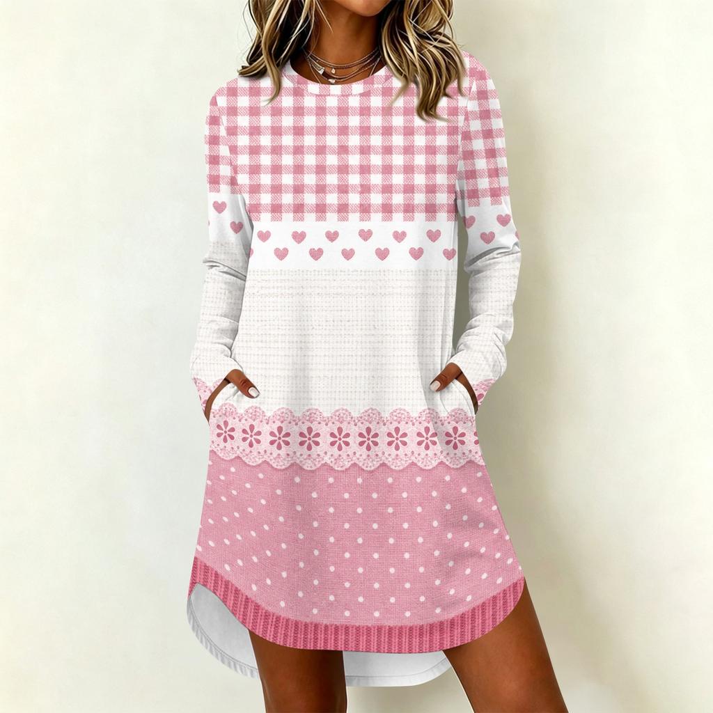 Women's Fashion Casual Geometric Print Long Sleeve Neck Dress for Everyday Wear