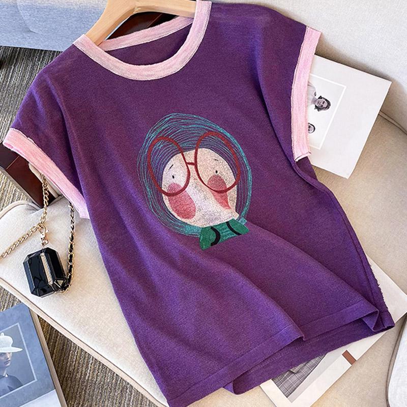 Women Sweaters Pullovers 2025 Summer Short Sleeve O-Neck Print Knitted Sweater Women Tops Pullover JJ183