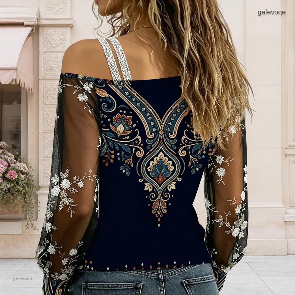 Women Plus Size Asymmetric Off Shoulder Long Sleeve Floral Print T Shirt Sheer Sleeve