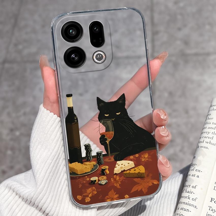 For Oppo Find X9 X8 X7 X5 Pro X2 Lite Reno8 Pro Pro+ Phone Case Black Cat Wine Glass Patterns Transparent TPU Protection Covers For Oppo Bumper Casing