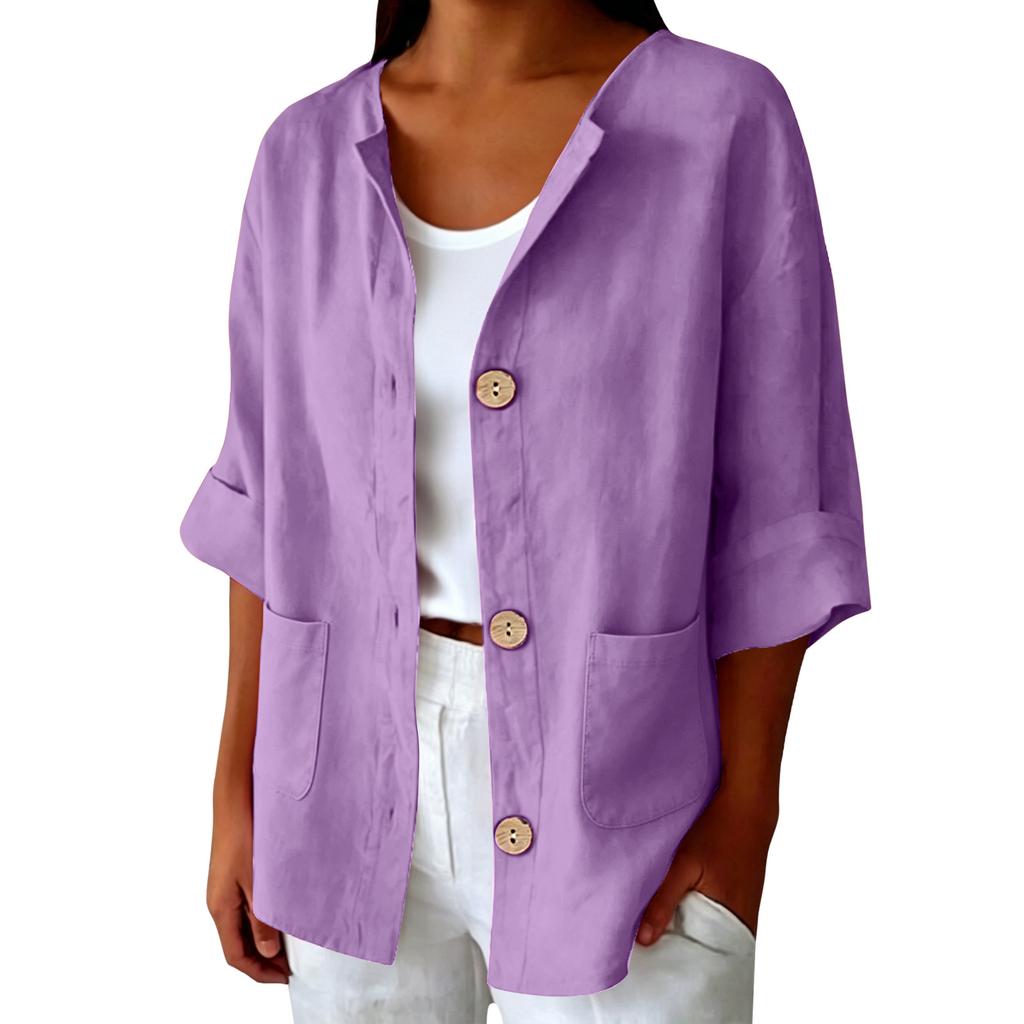Women Casual Solid Color Linen Cotton Blend Cardigan Button Front Pocket Long Sleeve Lightweight Jacket