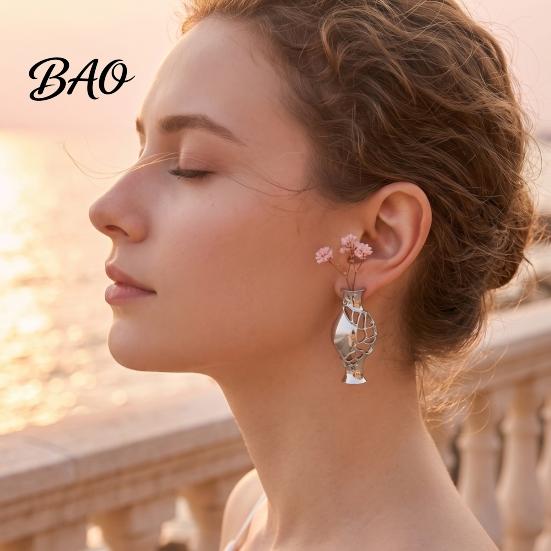 Versatile Silver Alloy Earrings 1 Pair Flower Vase for Women, Retro Metal Hollow Shape Trendy Artistic Ear Accessory Earrings, DIY Bouquets