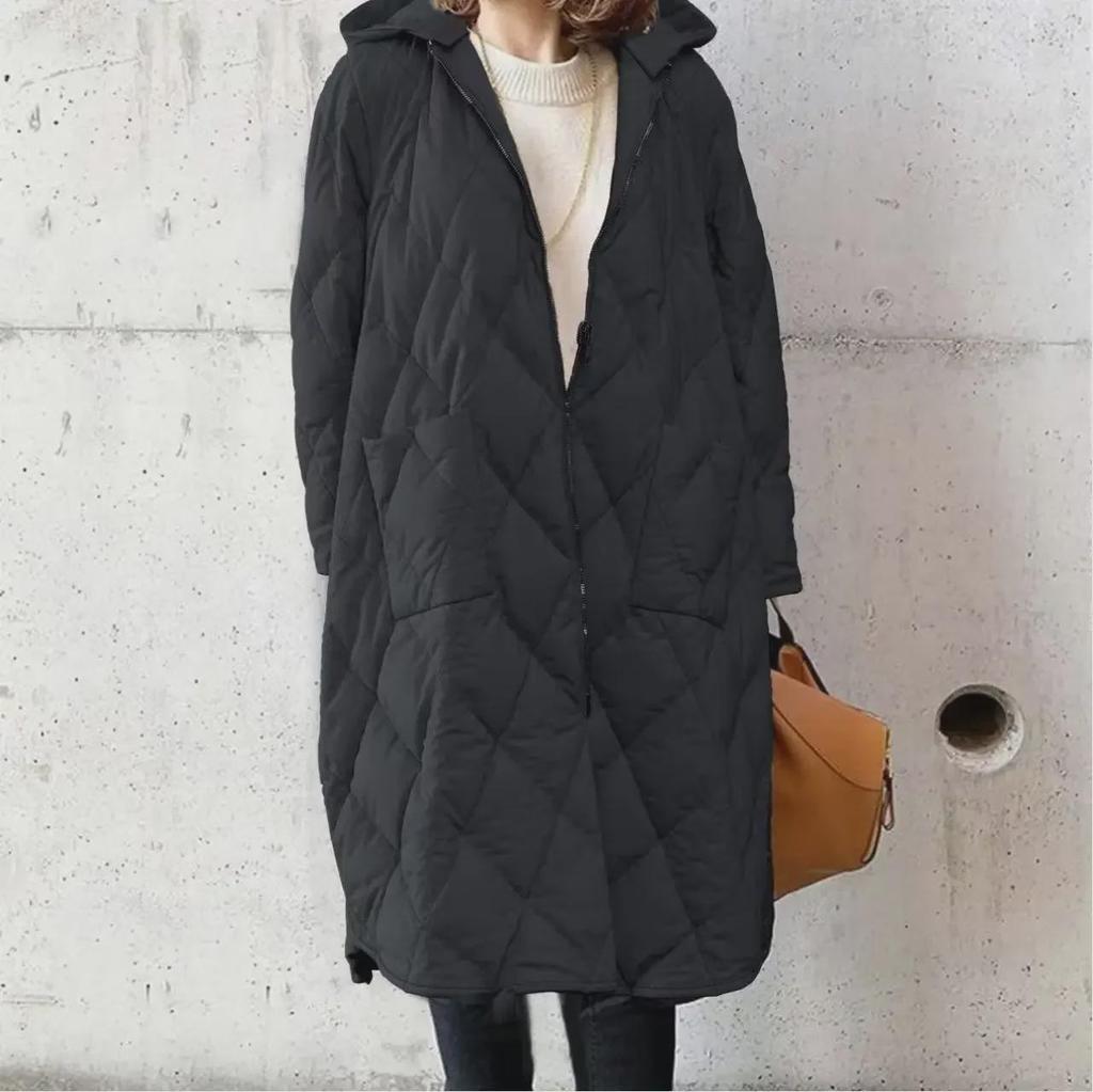 2024 Autumn/Winter Women's Diamond-Pattern Hooded Cotton Jacket with Pockets