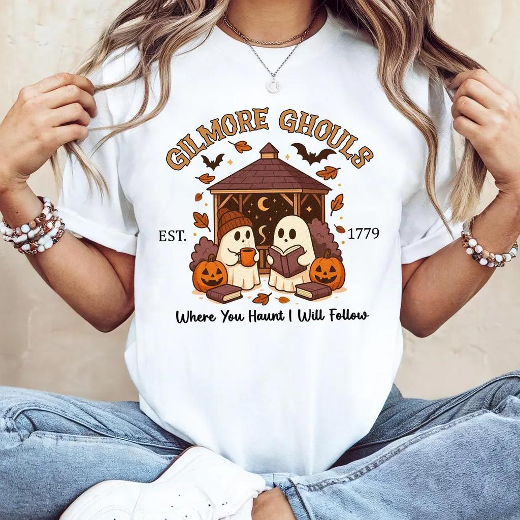Spooky Ghost Reading Shirt Halloween Black Cat Tee  Cozy Library Pumpkin Shirt Fall Aesthetic TShirt  Witchy Book Lover GifT