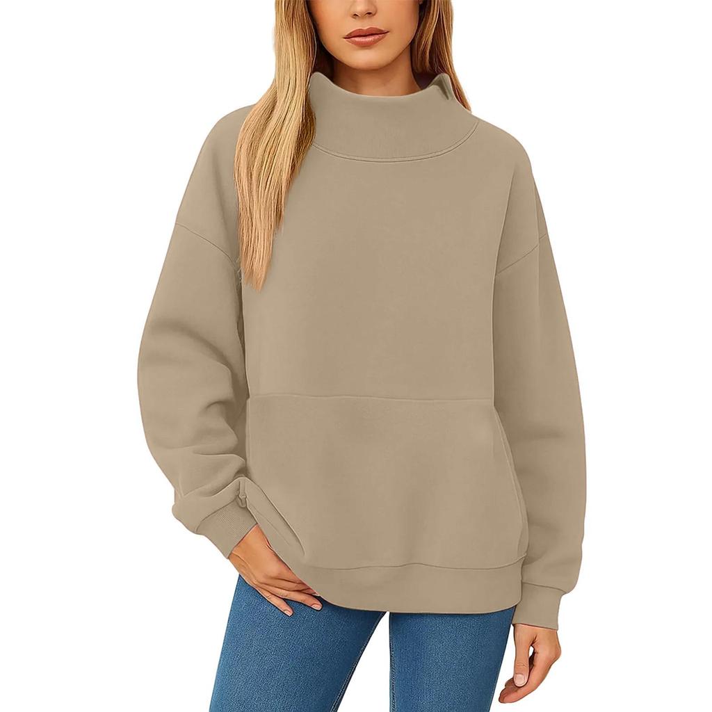 Damen Modisch Lässig Einfarbig Rundhals Langarm Tasche Sportlich Lässig Pullover Sweatshirt Top