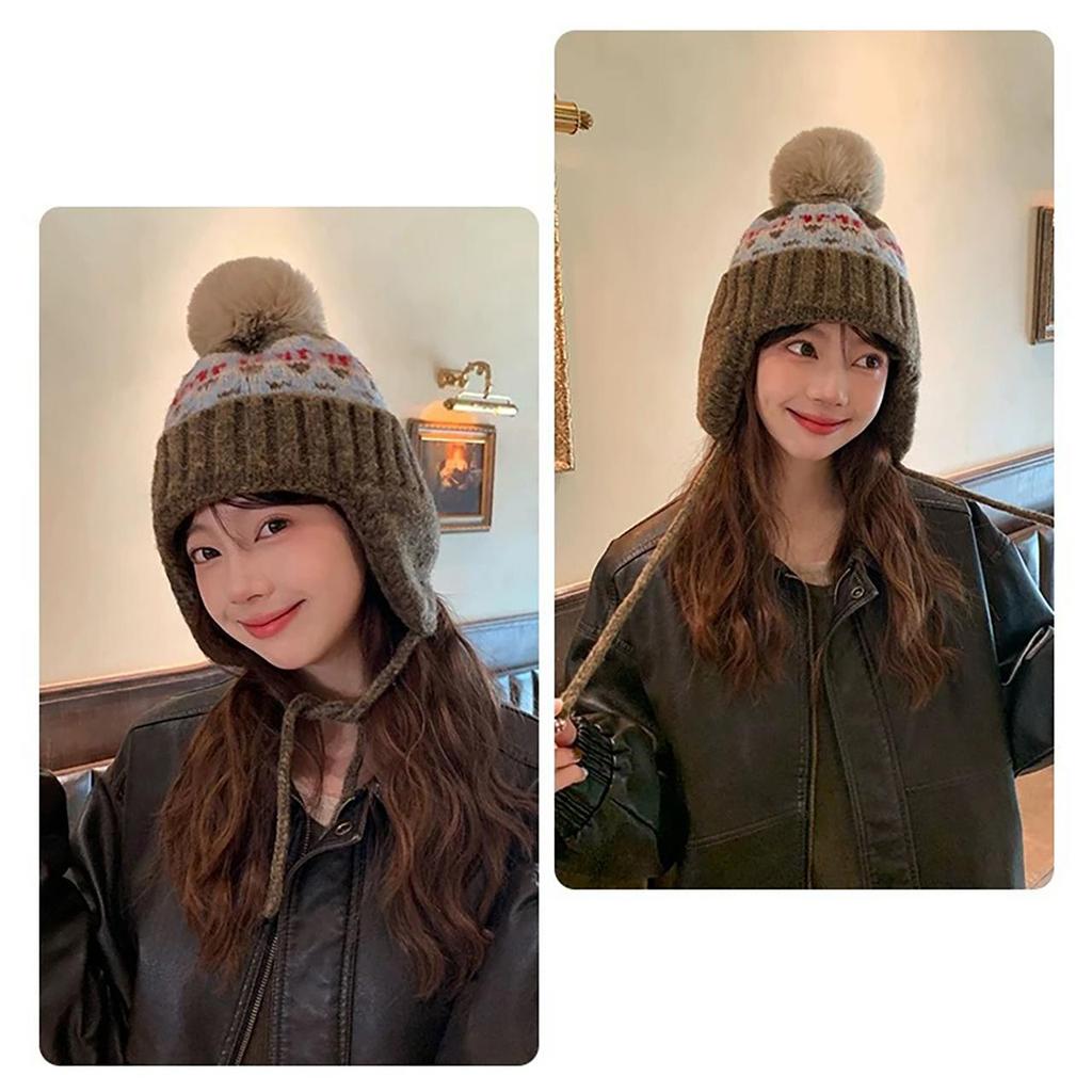 Cappello lavorato a maglia stile Fair Isle per donna, berretto invernale caldo con jacquard etnico, protezione per le orecchie, berretto per bambina, anti-freddo, paraorecchie da Sci sulla Neve, berretto